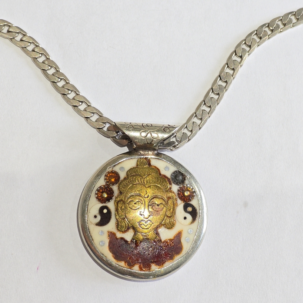 Vintage Silver Tone With Goldish Buddha Pendant Necklace